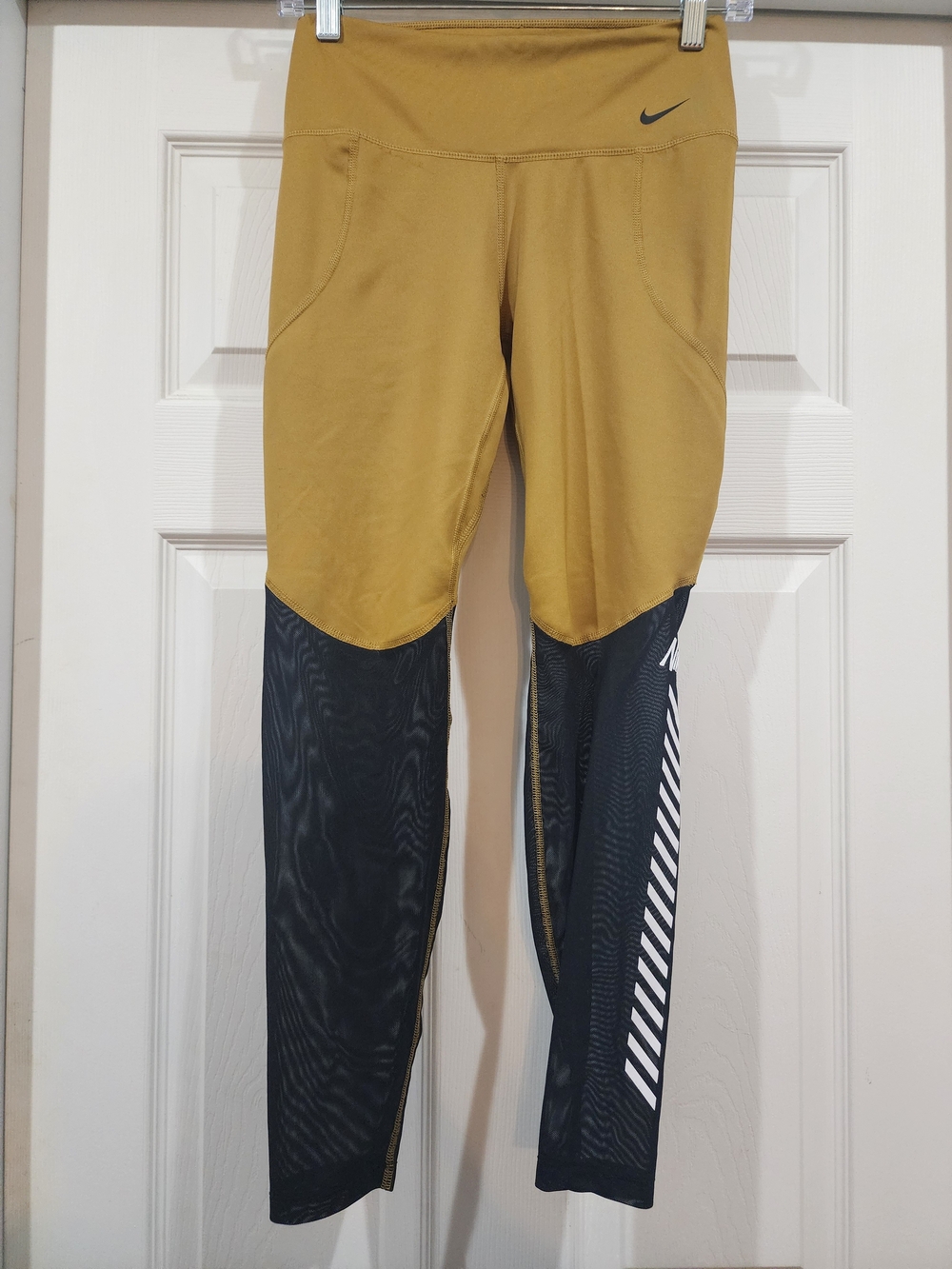 Nike Womens Mustard and Black Performance Leggings with White Stripe